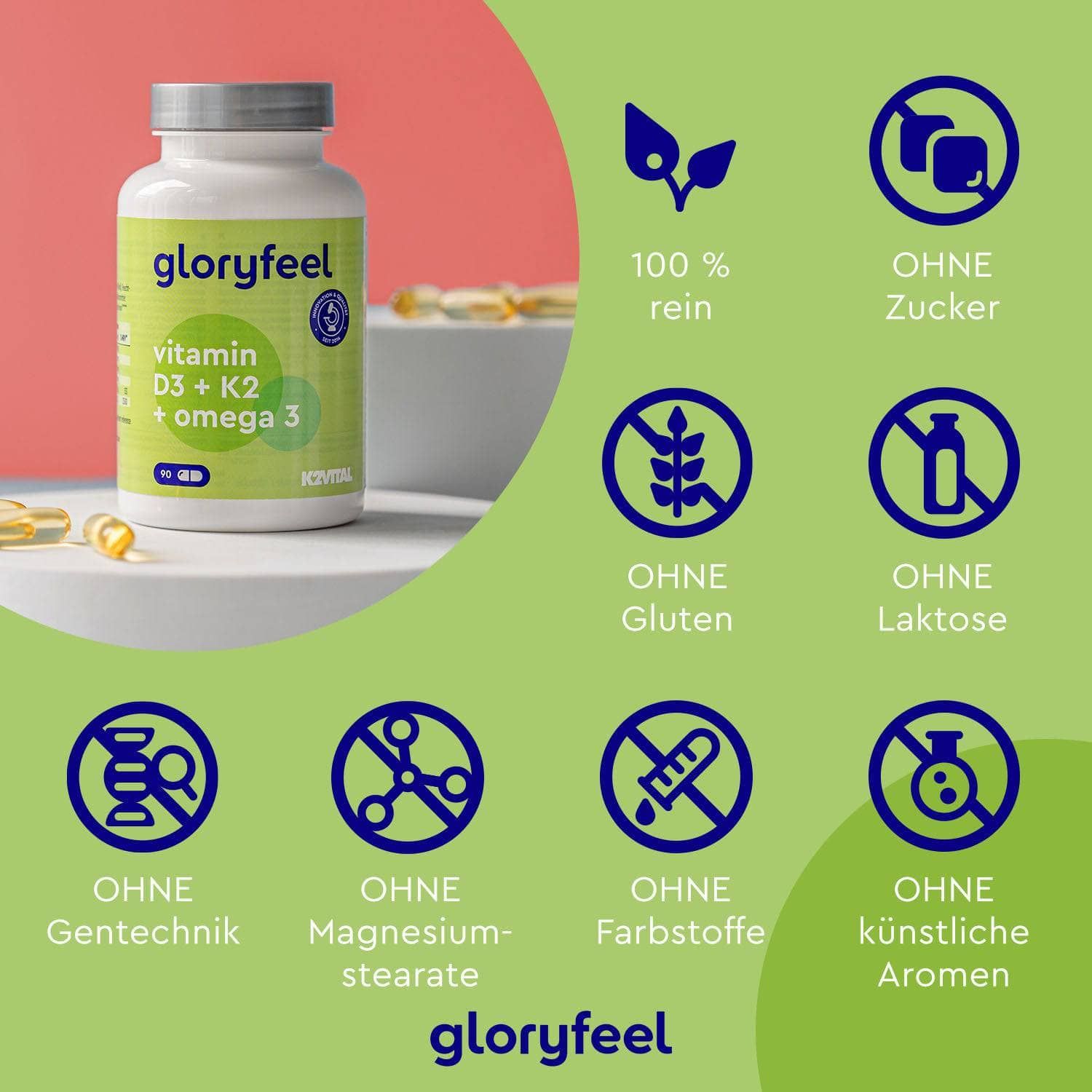 gloryfeel® Vitamin D3 5.000 I.E. K2 & Omega 3 Kapseln