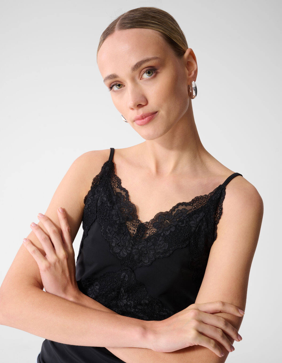 Lace Mix Singlet Zwart