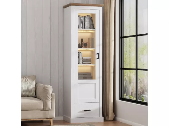 Vitrine LED avec port et tiroir USB télécommande 16 couleurs sur pied avec décor bois armoire de présentation à 5 compartiments MDF blanc