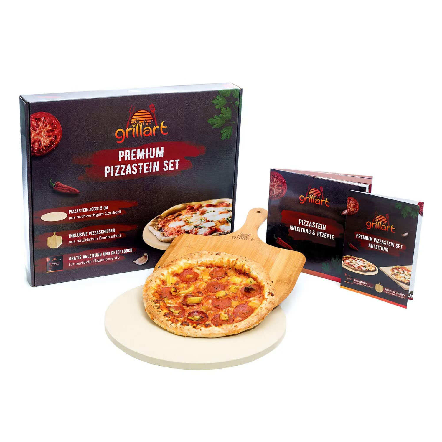 Set à pizza premium : pierre de cuisson ronde et pelle