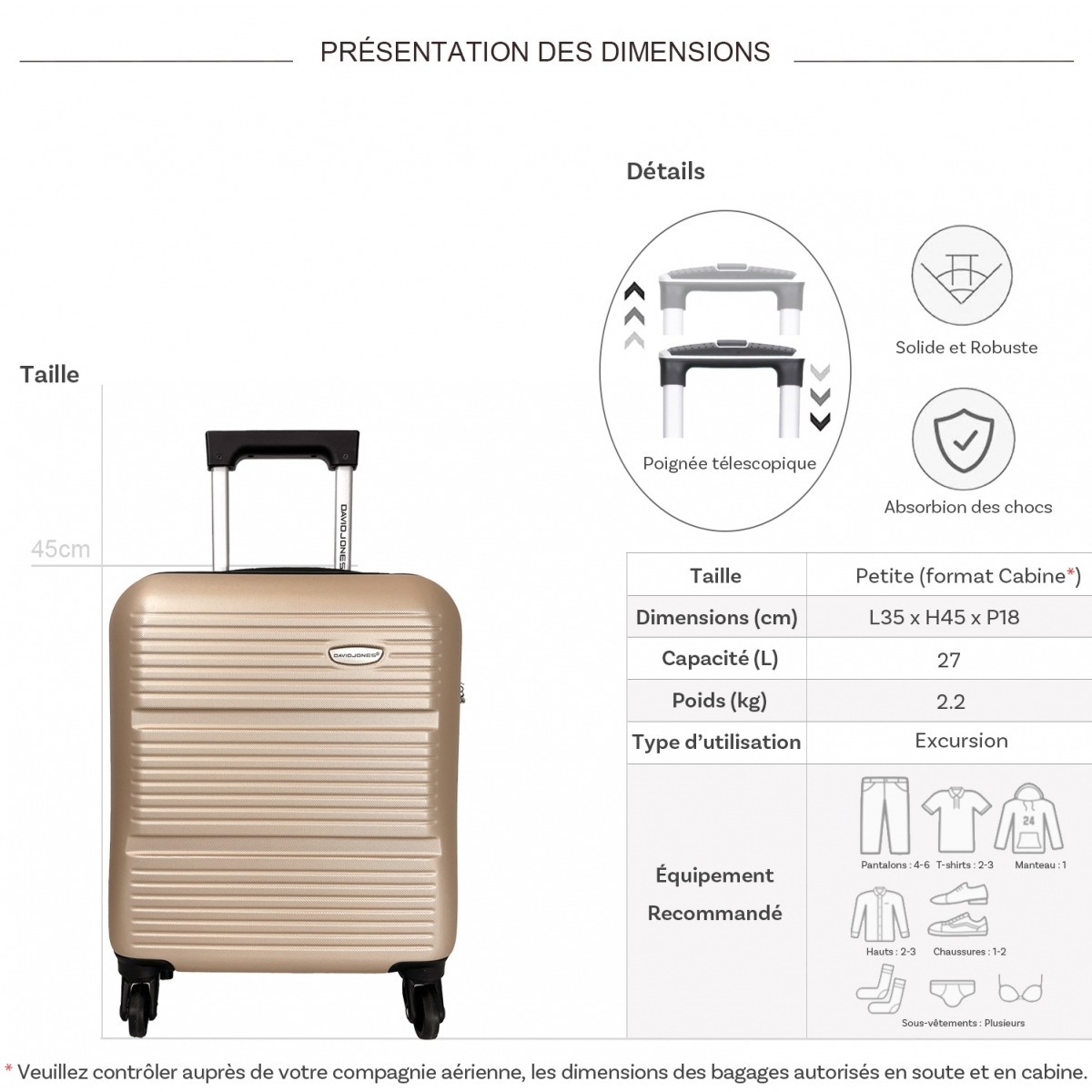 David Jones Valise cabine XS underseat rigide David Jones ABS 45cm