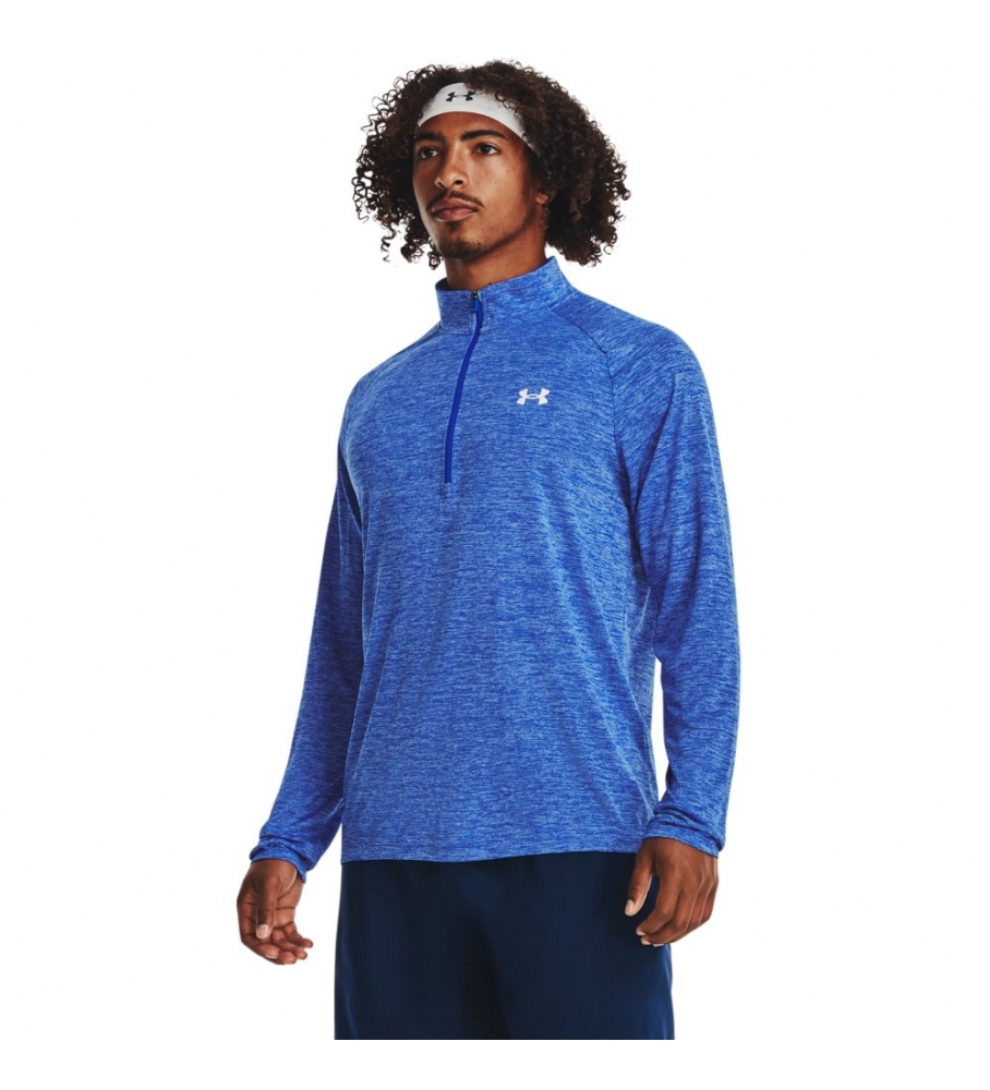 Camiseta de manga comprida Under Armour UA Tech com zíper até a metade, azul.