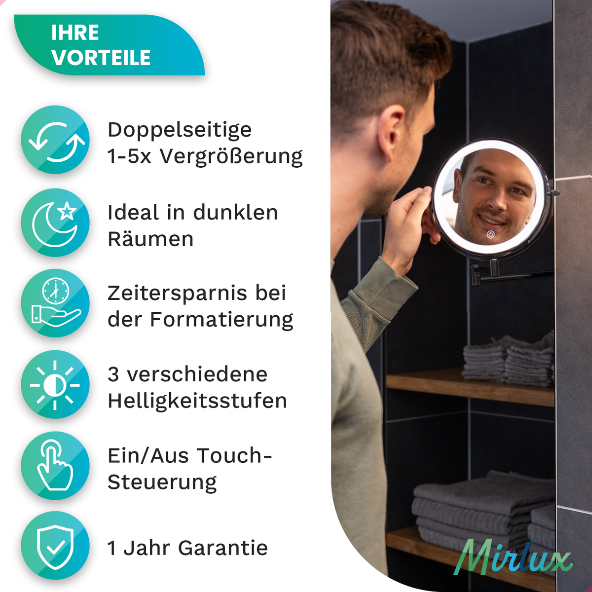Mirlux cosmeticaspiegel met LED-verlichting, 5x vergroting, rond, 3 lichtstanden, zwart, op batterijen