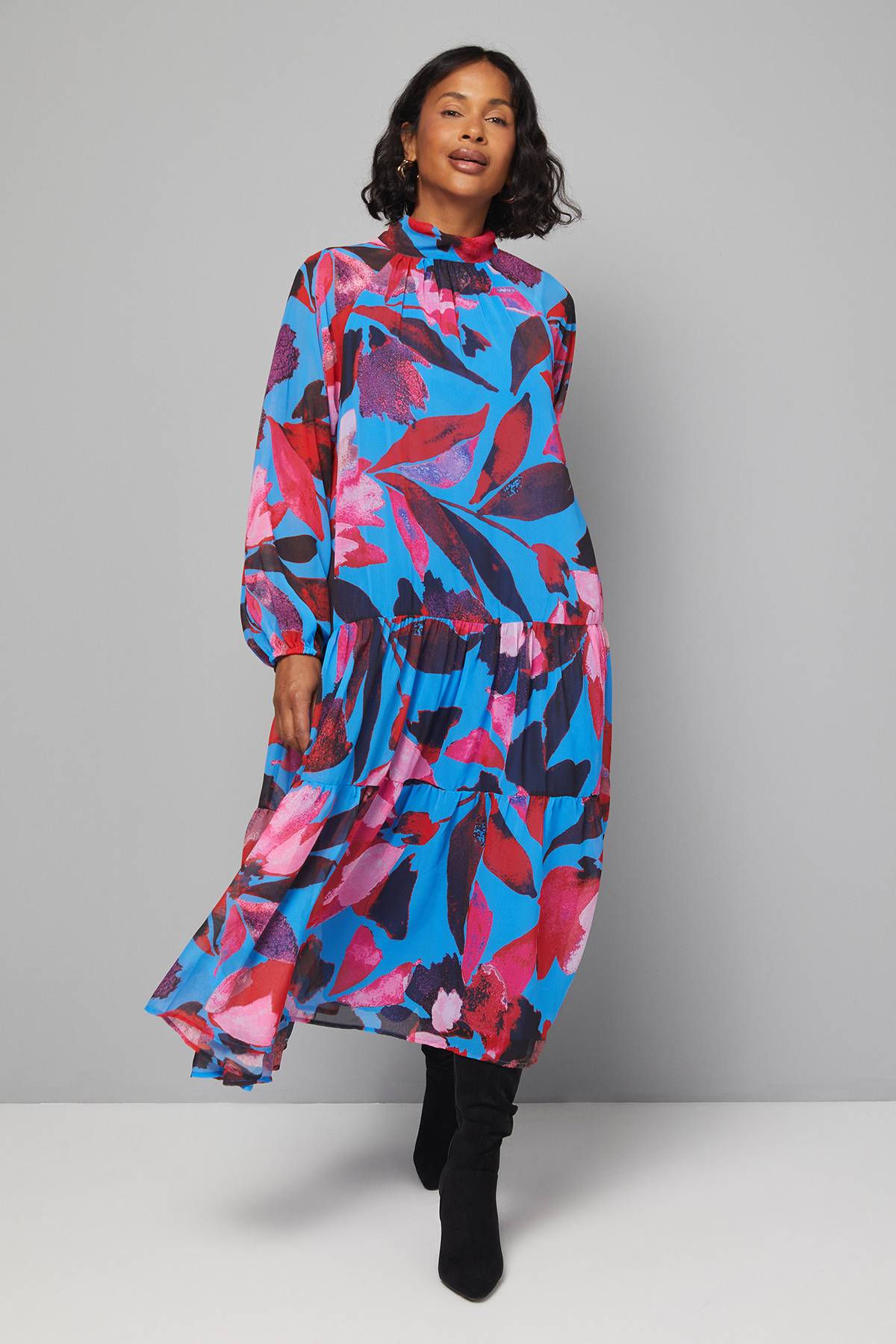 Wallis Robe Smock à Col Montant et Volants Étagés