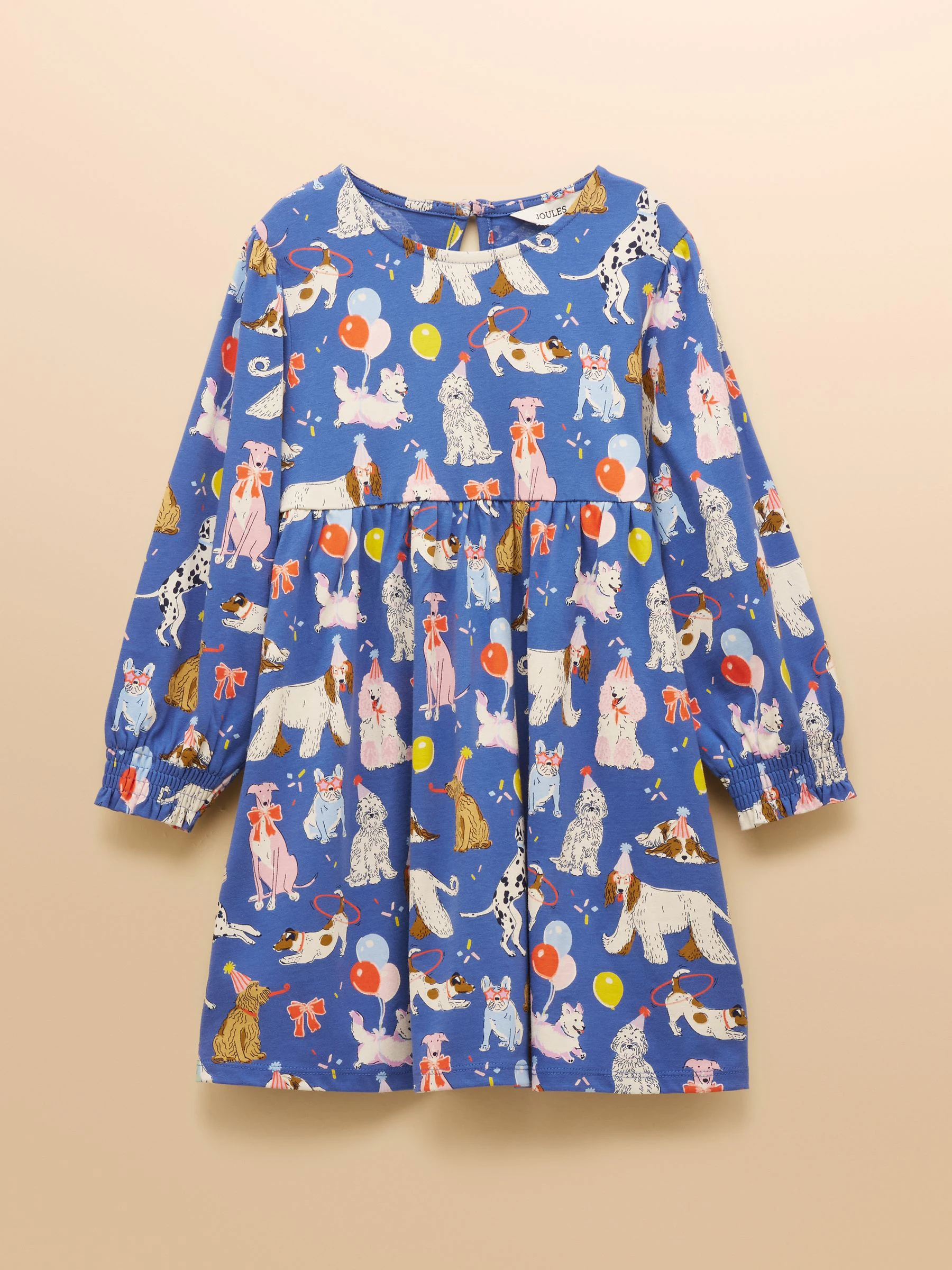 Blauw met hond - Joules - Hampton - Jersey meisjesjurk met lange mouwen