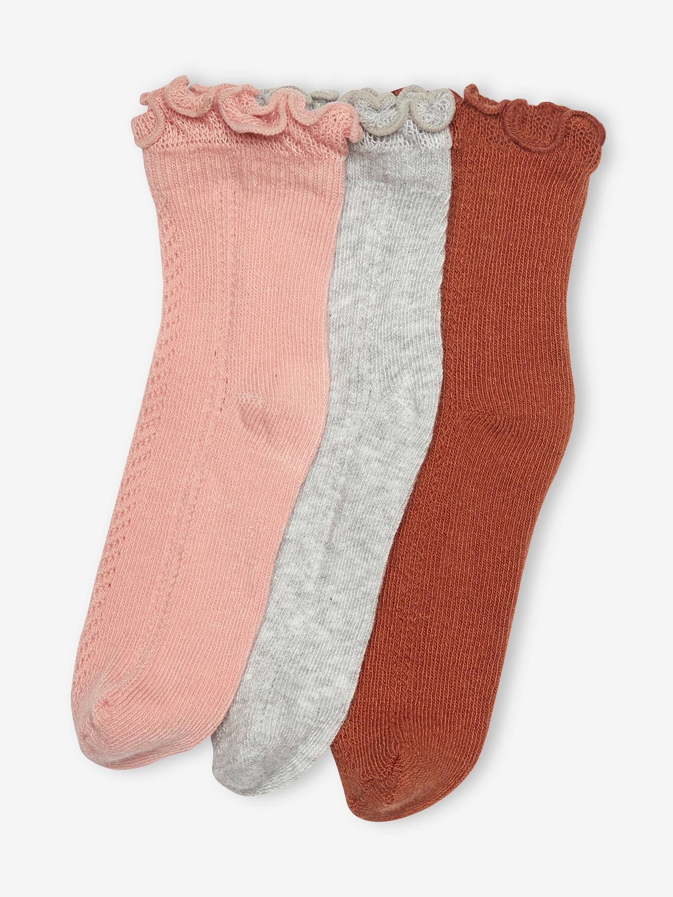 Pacote com 3 pares de meias de tricô vazado, lisas, rosa médio, para meninas.