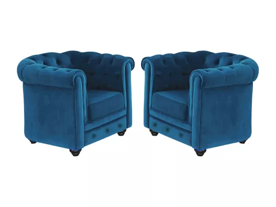 Lot de 2 Fauteuils CHESTERFIELD - Velours bleu canard