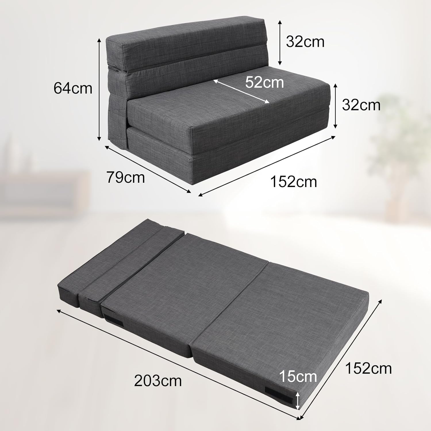 ANONER Canapé Convertible 2 Places 150cm de Large, Pliable en Mousse à Mémoire de Forme & 2 Oreillers, Lit Pliant de Sol pour Chambre Salon, Gris Foncé