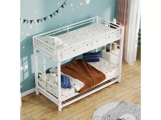 Lit superposé Lit 90x200cm lit à cadre en fer lit d'enfant équipé d'un lit gigogne garde-corps hauts blanc