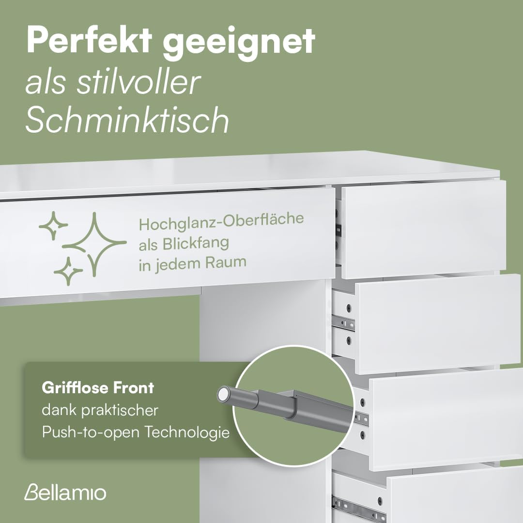 Bellamio Livny Schreibtisch Hochglanz weiß mit 5 Schubladen – Schminktisch ohne Spiegel – White Desk with Drawers 80x53x110 cm – Jugendschreibtisch - Bürotisch mit Schubladen beidseitig montierbar