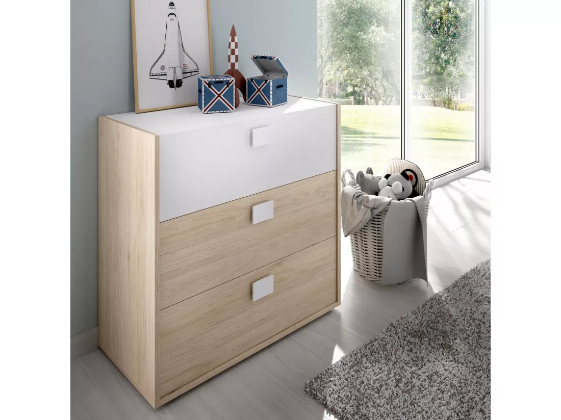 Commode Dmbay, Commode pour la chambre, Commode avec 3 tiroirs, 80x43h81 cm, Chêne et Blanc