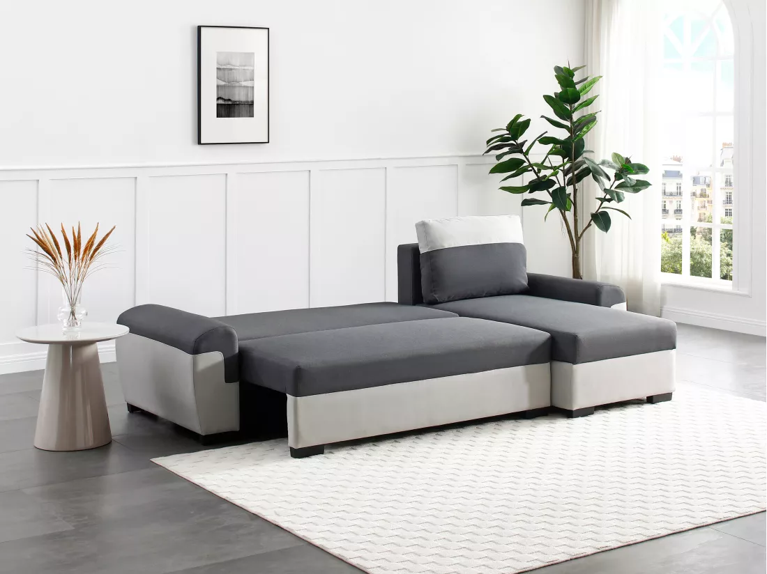 Canapé d'angle réversible et convertible en tissu anthracite et gris clair GABY II