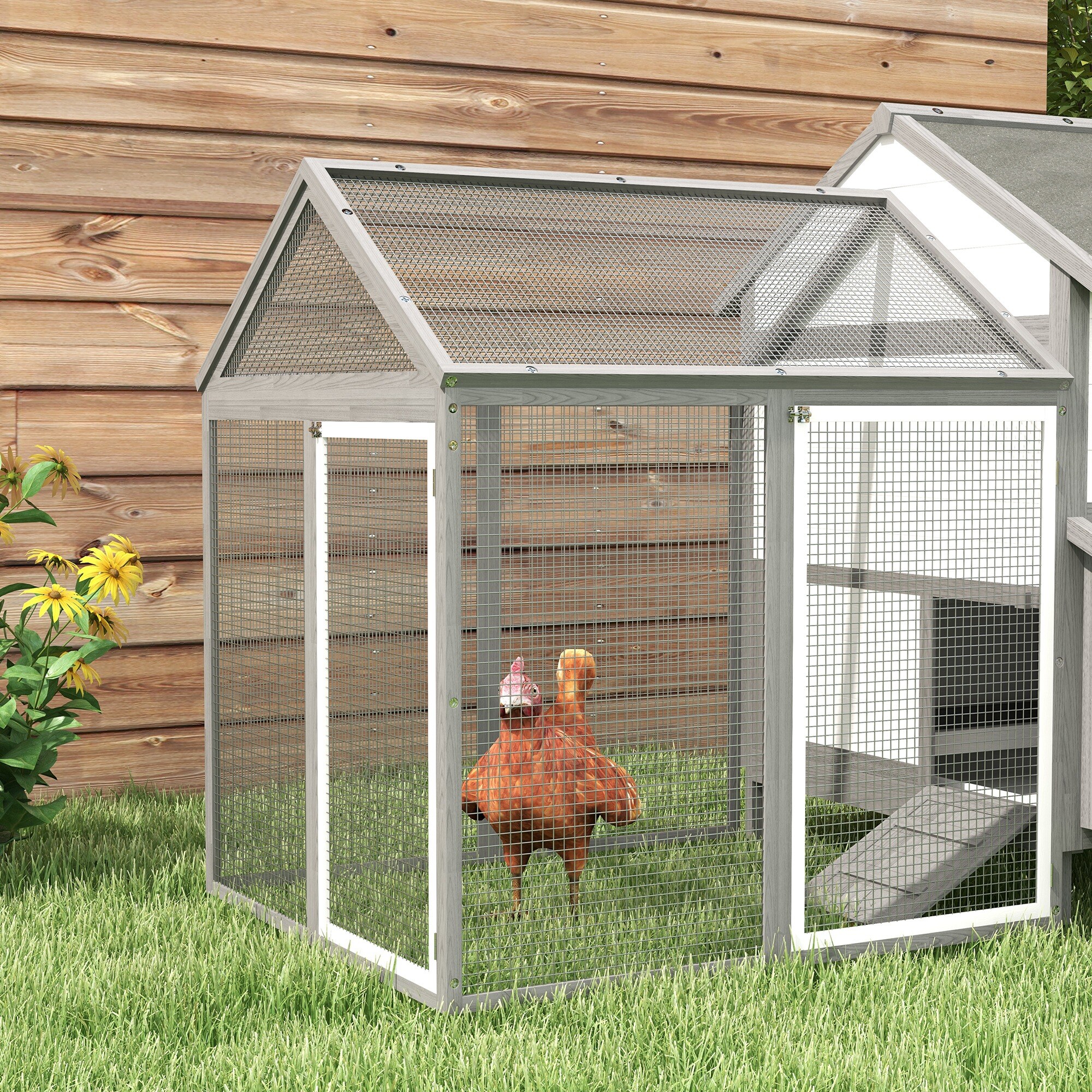 PawHut Hühnerstall mit Nistkasten und beidseitigem Außengehege grau 247L x 125B x 113,5H cm