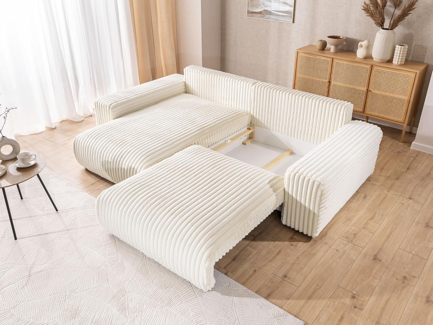 Ecksofa Eckcouch - Sofa mit Schlaffunktion - Schlafsofa - 4 Sitzer L Form Links - Schwarze Füße - Plüschcord - Freistehend - Mollis Hellbeige