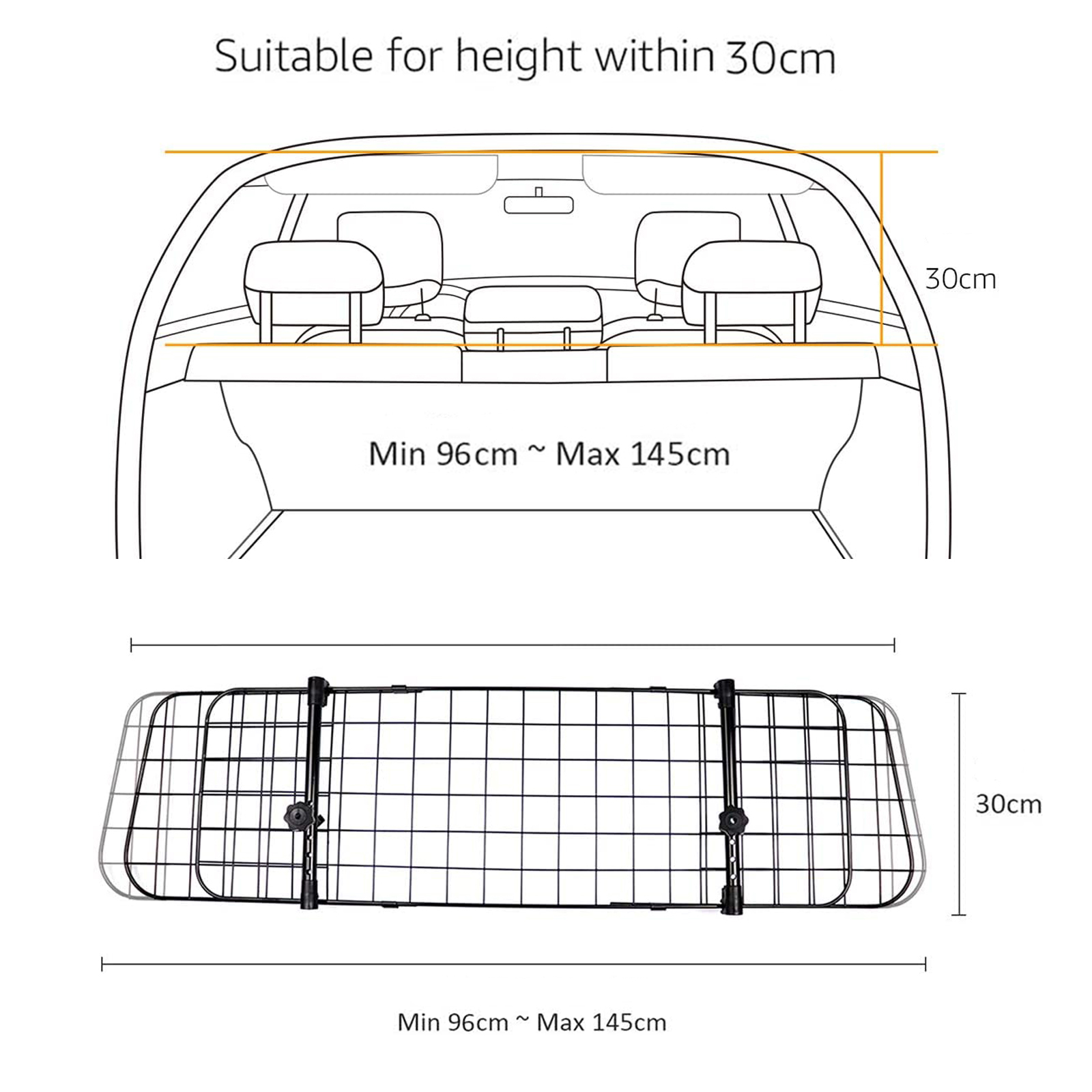 Nobleza - Grade de Segurança Automotiva para Cães, Universal e Extensível, Separador de Cães para Carro, Barreira de Segurança para Cães e Bagagem, Suporte para Cabeça de Animais de Estimação, 96-145x30cm, Aço