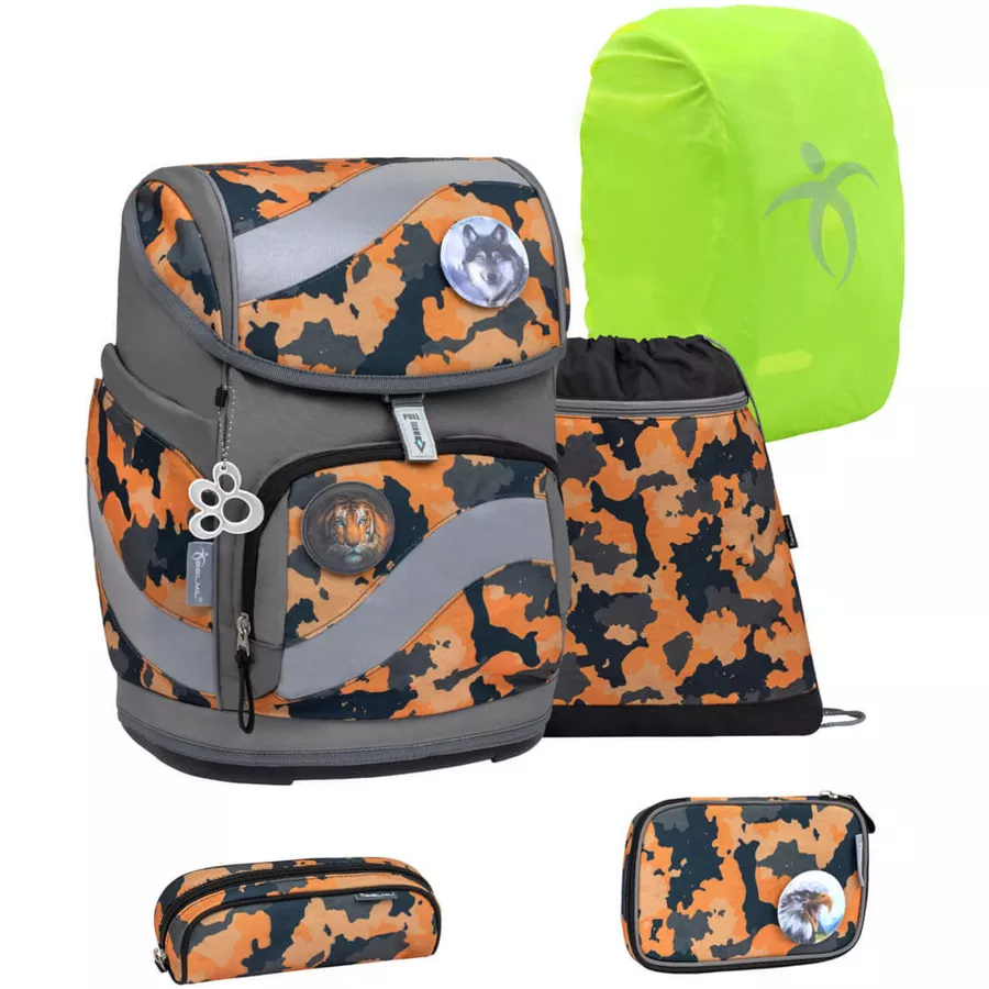 Belmil Schulranzen Smarty Schulranzen Set 6-teilig mit Brustgurt, Hüftgurt Orange Camouflage