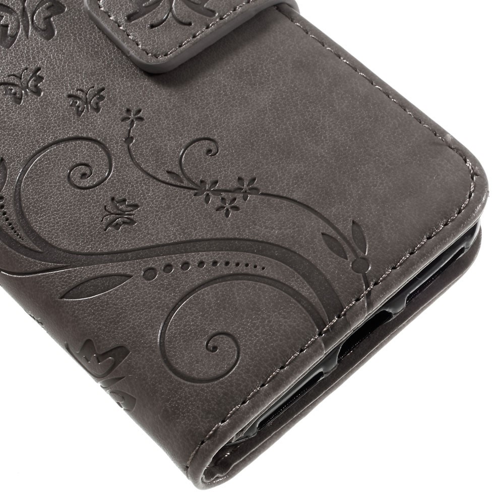 iPhone SE (2022/2020) / 8 / 7 Leder Tasche mit Kartenfach   Handschlaufe Butterfly Flowers - Grau