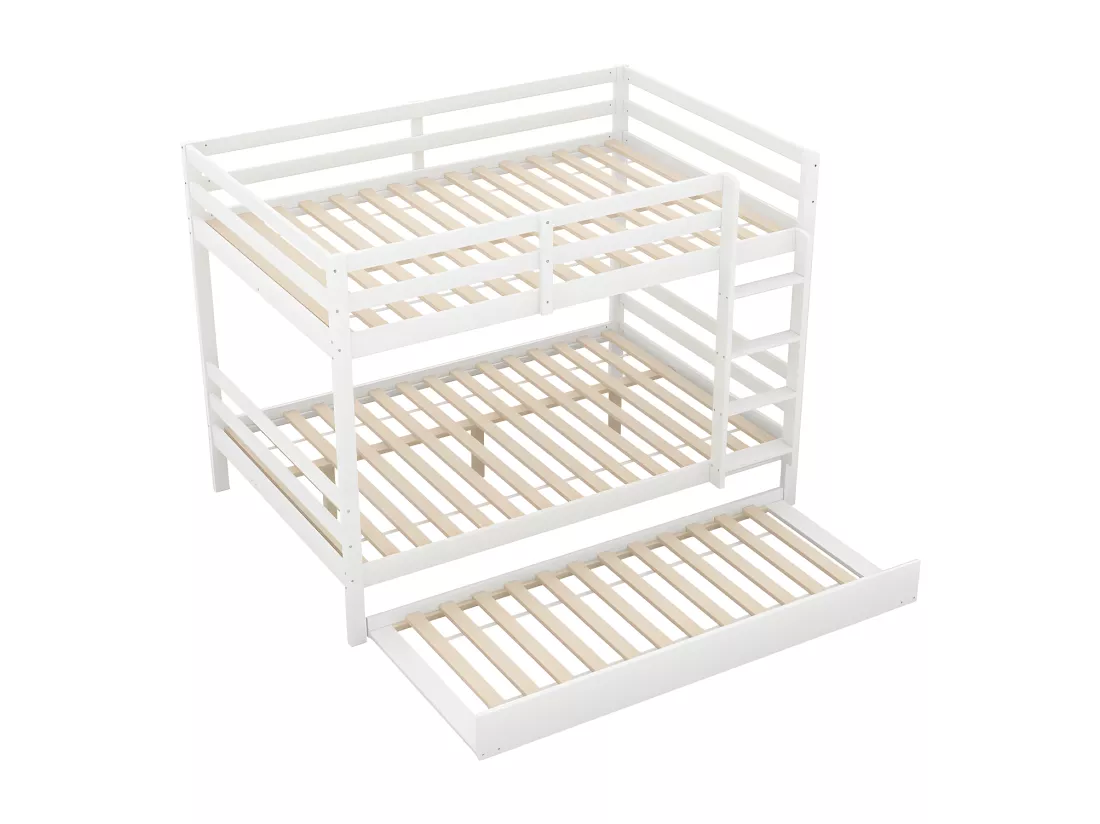 Lit superposé 2x140x200cm avec un lit gigogne 90x190cm - avec garde-corps et escalier - Blanc