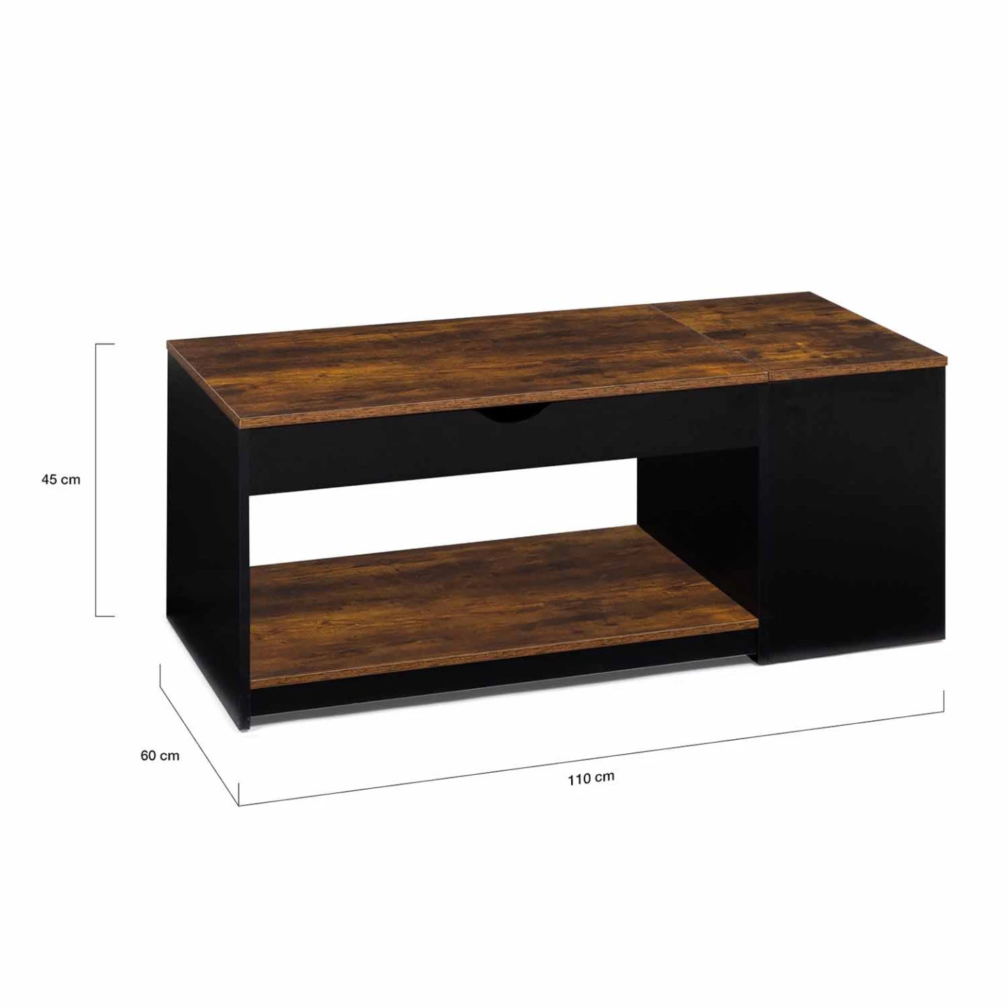 Table basse plateau relevable rectangulaire ELEA avec coffre bois effet vieilli et noir
