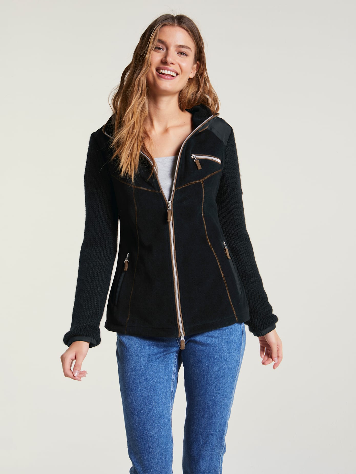 Veste sweat mélange polaire et tricot