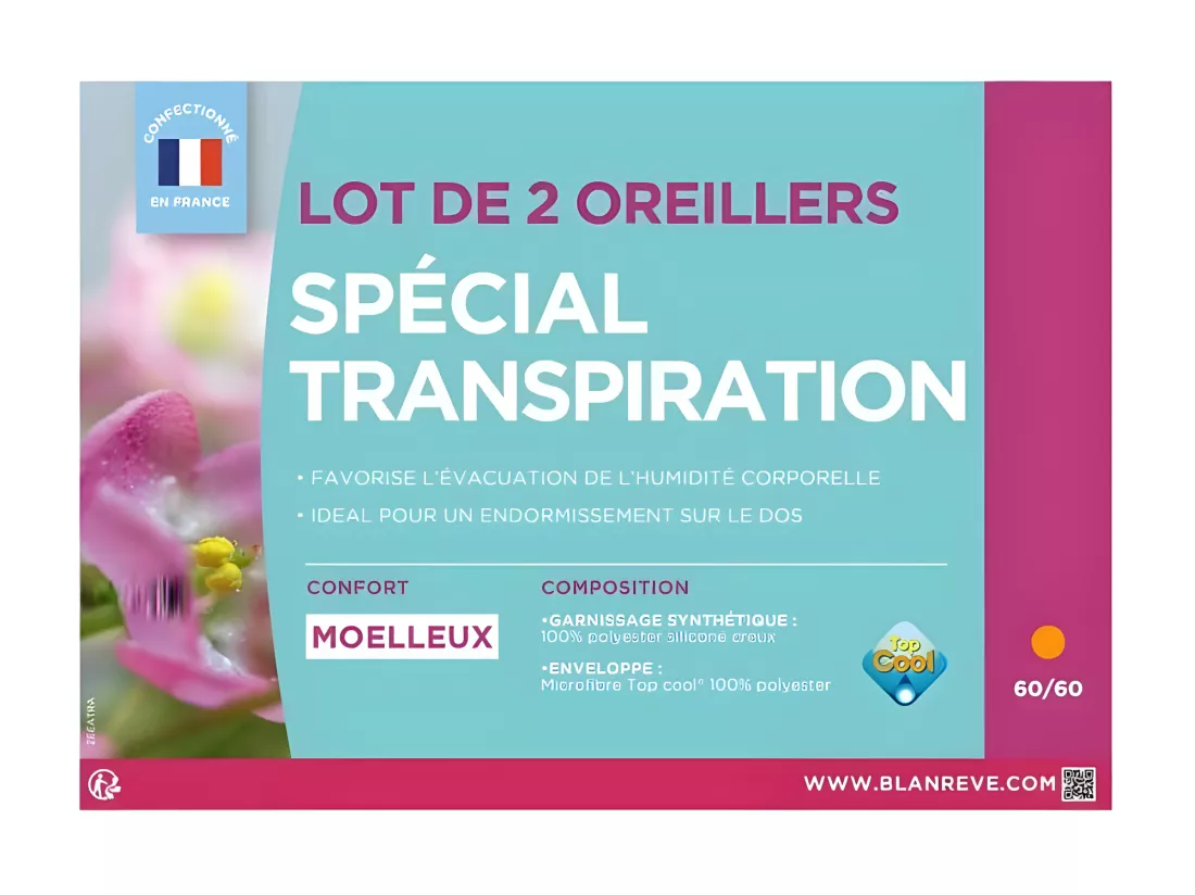 BLANREVE Lot de 2 Oreillers Special Transpiration - 60 x 60 cm - Blanc