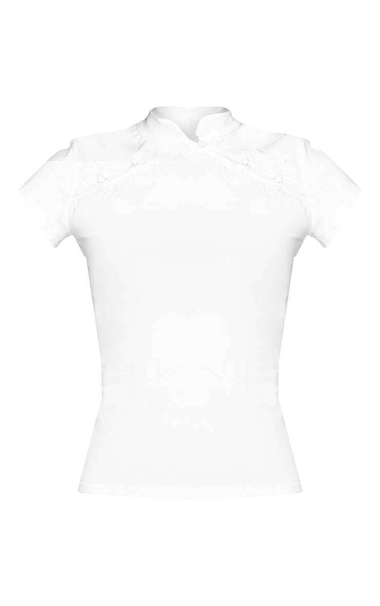 Blanc Haut À Manches Courtes En Tissu Stretch Avec Détail Boutons