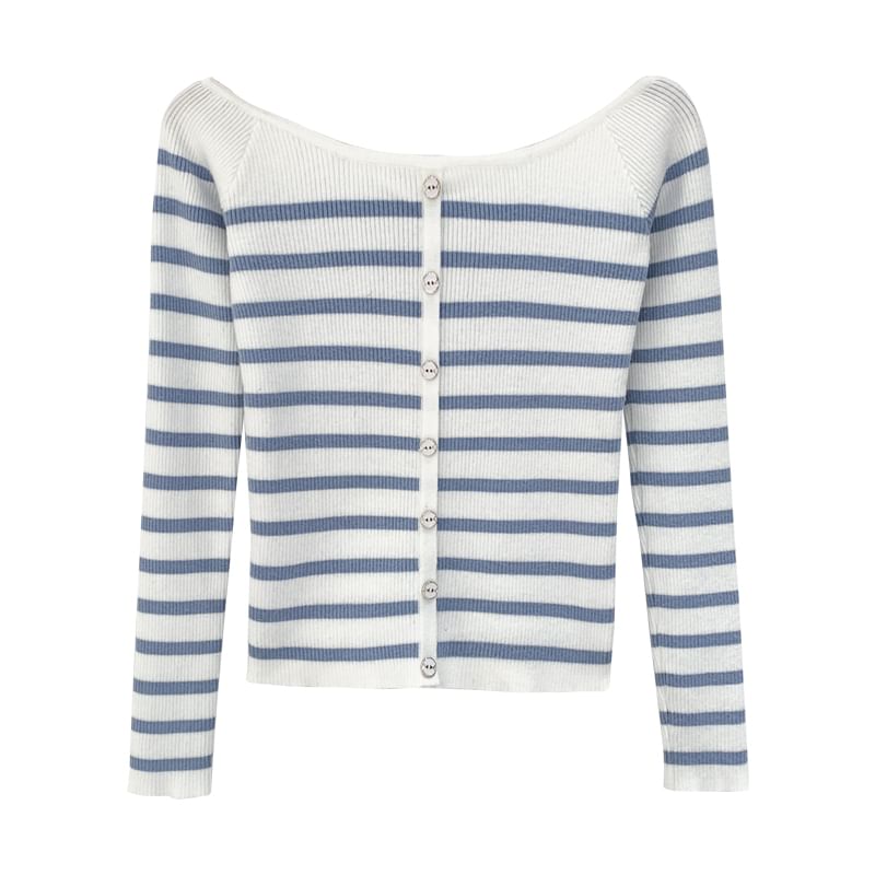 Dragan Pulse - Gestreepte top met lange mouwen en knoopjes, off-shoulder, geribbeld breisel
