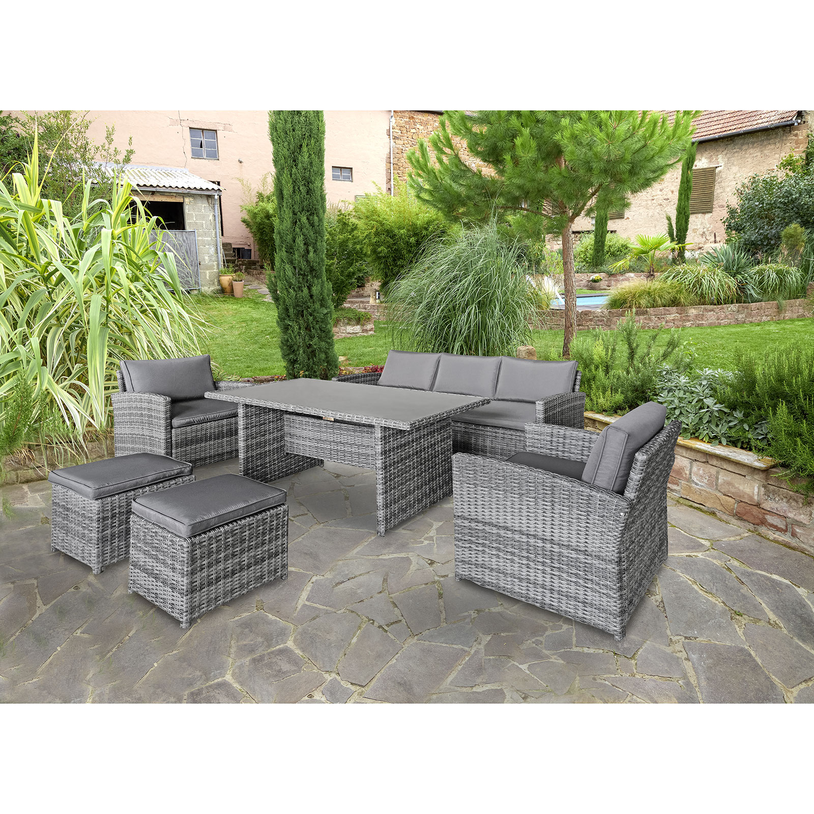 6-teilige Loungegarnitur - dunkelgrau - Polyrattan