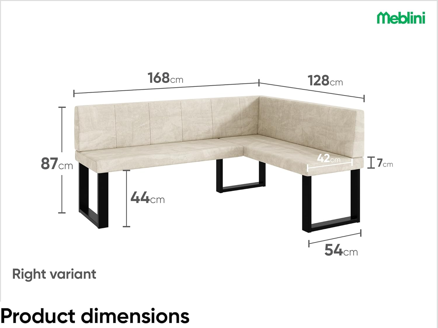 MEBLINI Eckbank für Esszimmer - Küchenbank - Essecke - Sitzecke Küche - Peter - U-Beine 128x168x87cm Rechts - Creme Samt