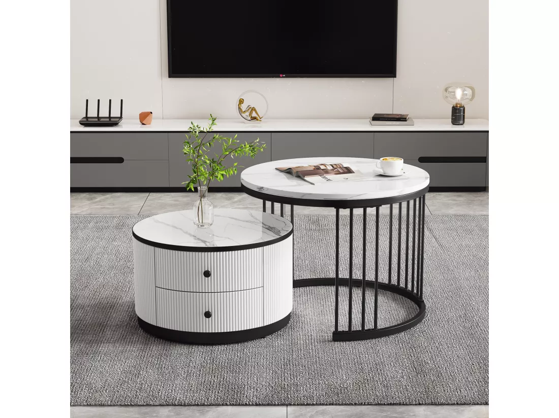 Lot de 2 tables basses gigognes avec 2 tiroirs - 60 x 60 x 45.5 cm + 50 x 50 x 32 cm - Aspect marbre brillant - MDF - Noir et blanc