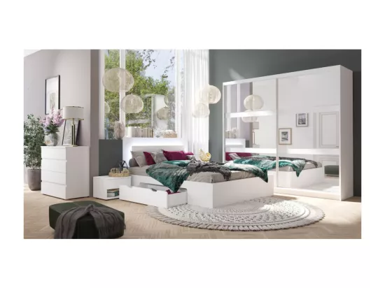 Ensemble chambre NOFI - Lit 160x200 cm avec sommier, 2 tiroirs, chevets, armoire et commode - blanc
