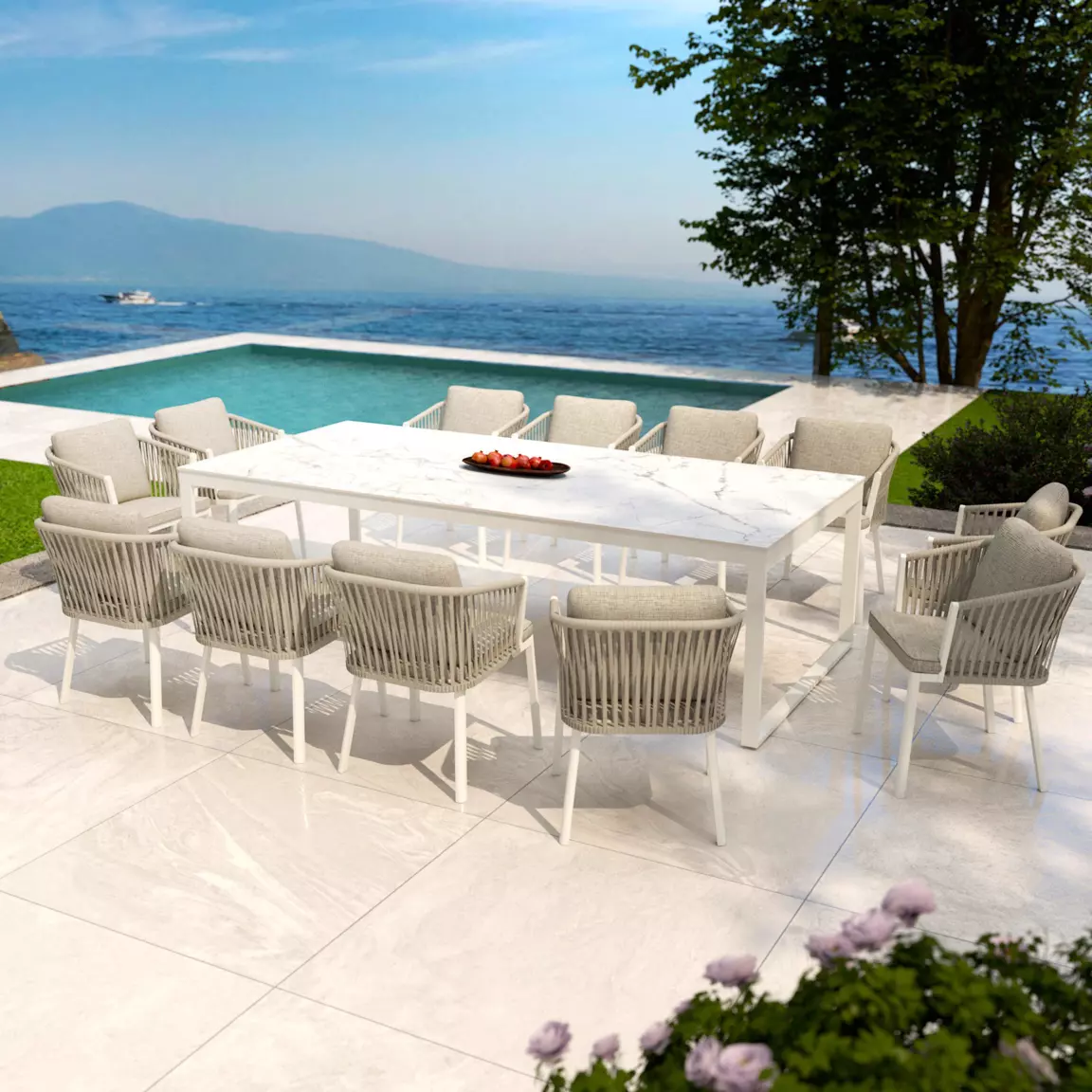 Table de jardin en aluminium et céramique 12 places (260 x 120 cm) Kore Blanc marbré