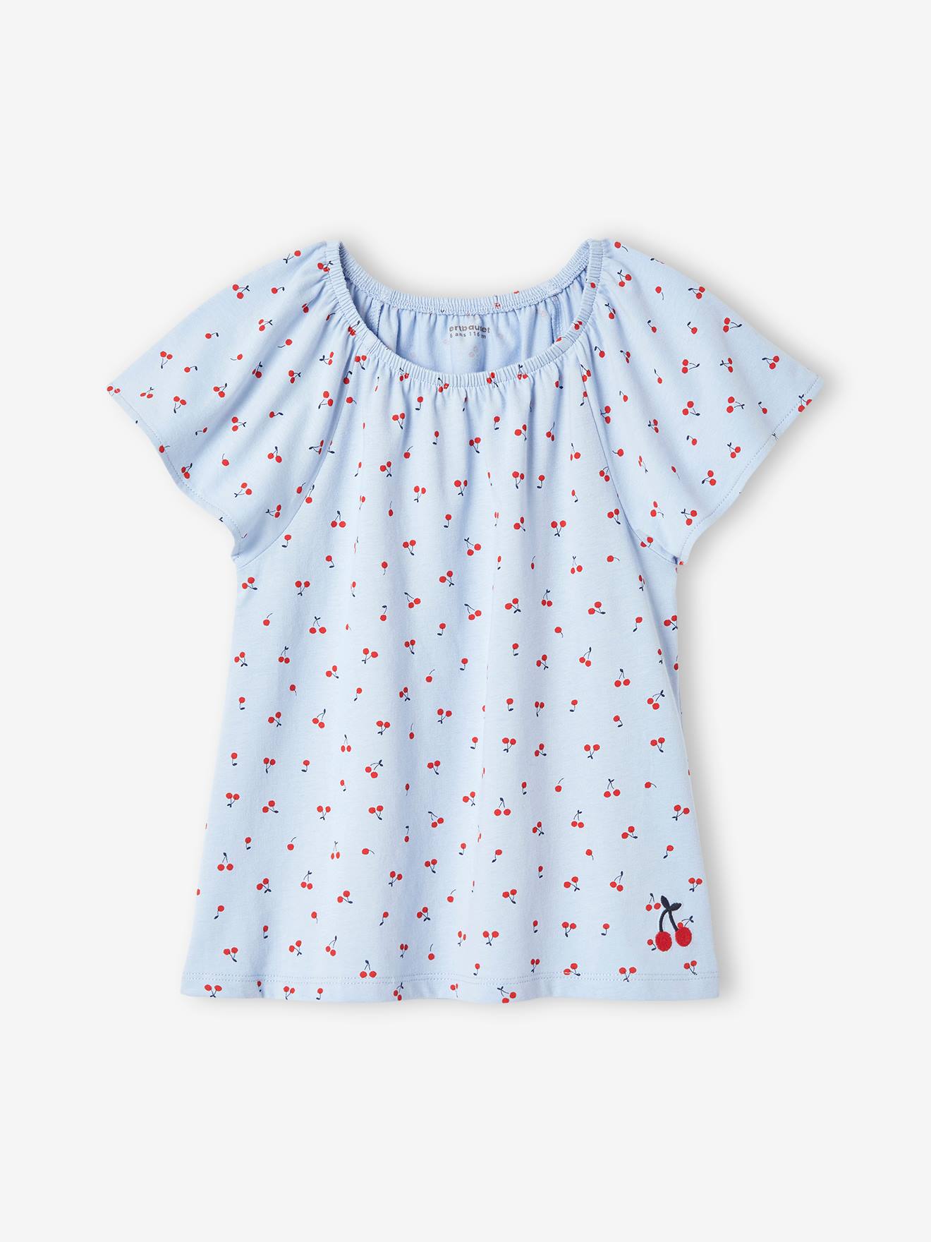Camiseta estampada com mangas borboleta, para meninas, estampa azul escura