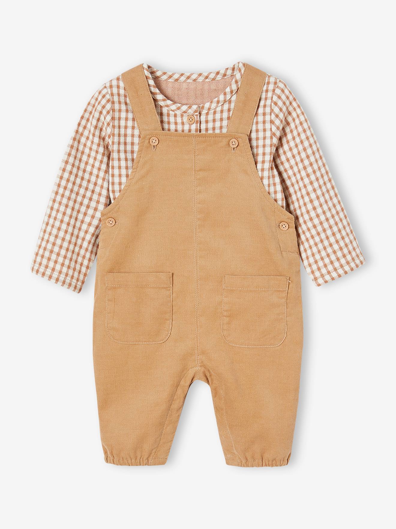 Conjunto de jardineira de veludo cotelê e camisa xadrez para bebê em marrom acinzentado