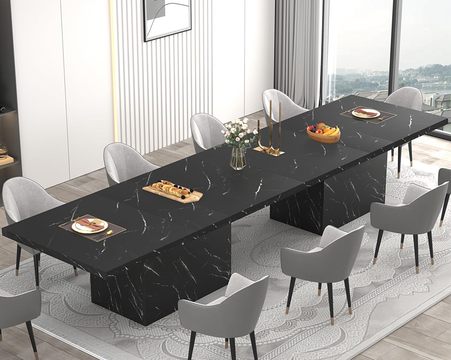 HSH Schwarzer Esstisch, Moderner Küchentisch aus Holz Design, Großer Tisch für 6 bis 8 Personen, Rechteckig Esszimmertisch Holztisch für Zuhause, Büro, Wohnzimmer, Schwarz 180 cm
