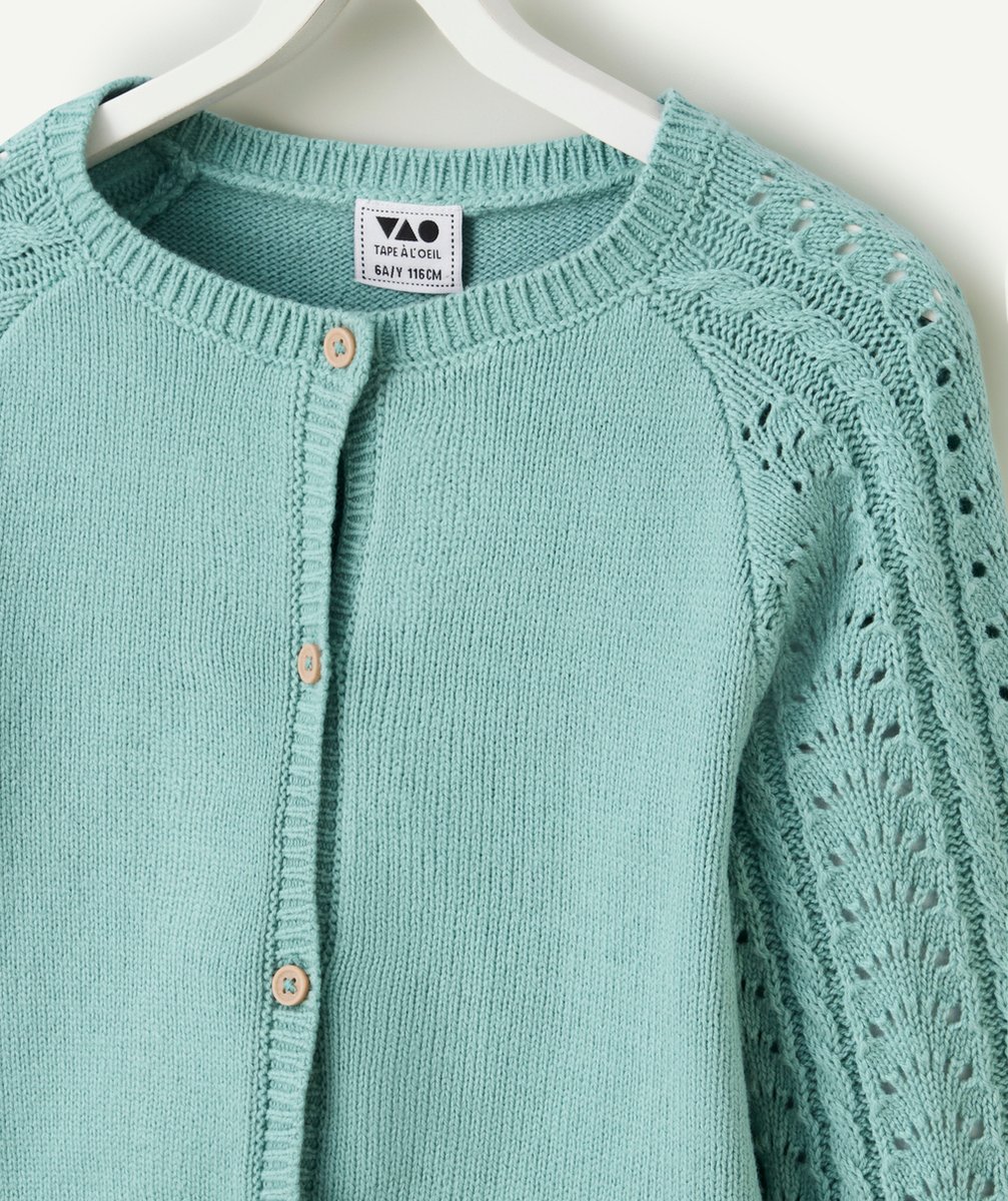 gilet tricot fille vert avec manches en crochet
