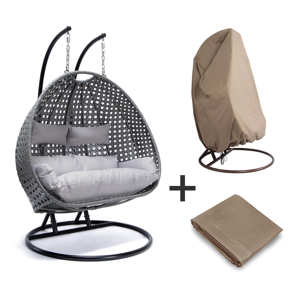 Home Deluxe - TWIN Hangstoel - Grijs, Hoogte 195 cm - incl. regenhoes, frame, zit- en rugkussens | Polyrattan hangstoel, tuinschommel, hangmand