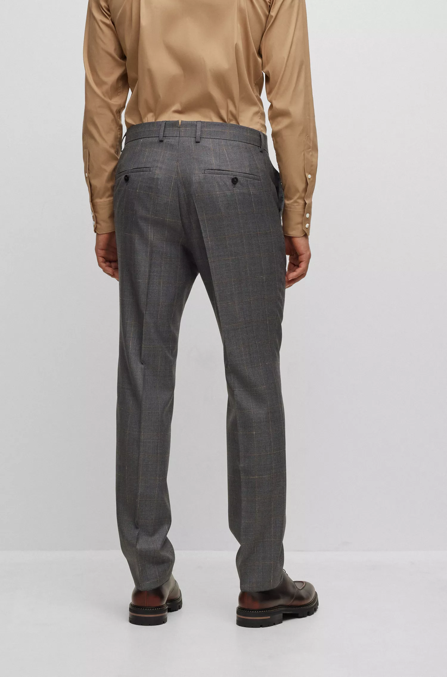 Terno BOSS Camel Slim-fit em lã virgem xadrez
