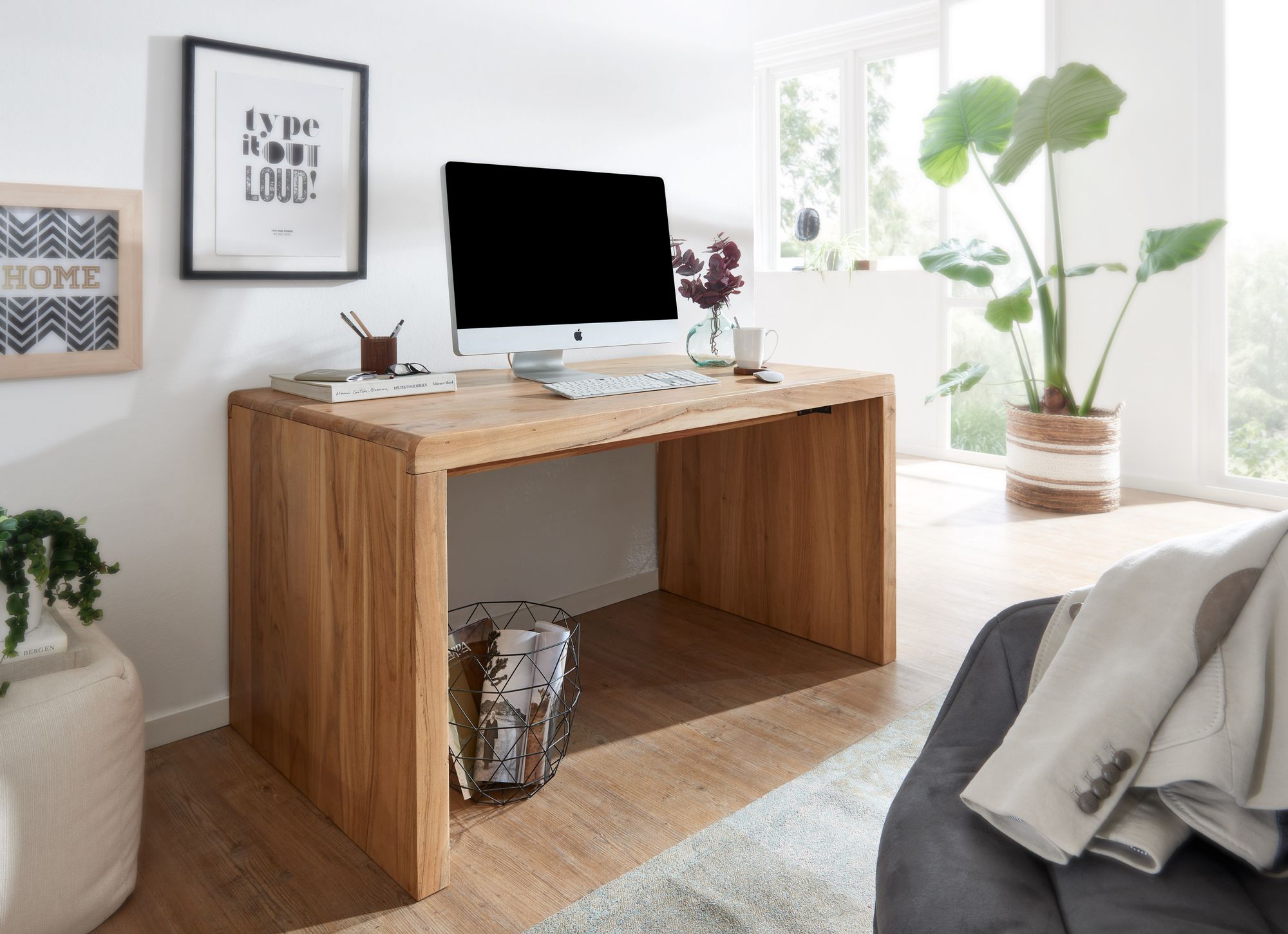 FineBuy Schreibtisch 160 x 80 x 76 vm Akazie Massiv Bürotisch Büromöbel