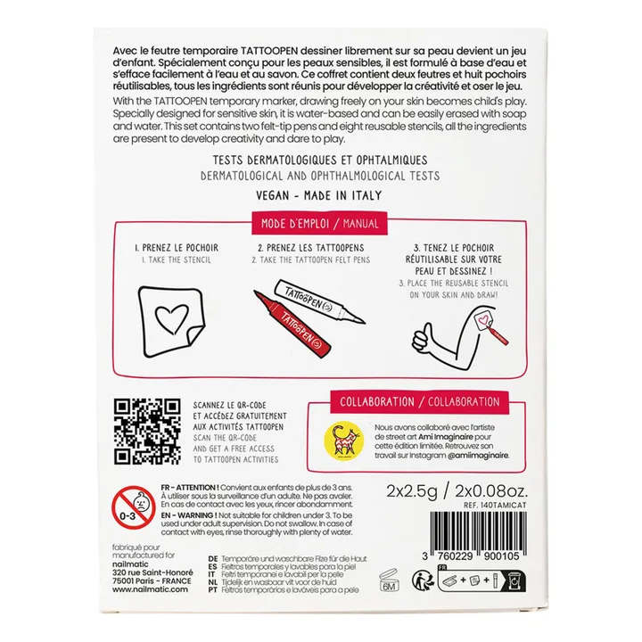 Nailmatic Kids Coffret duo Tattoopen & Pochoir Réutilisable Cat x AMI IMAGINAIRE