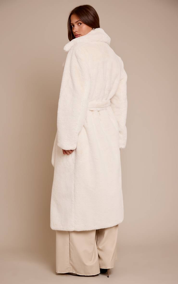 Crème Manteau Long En Synthétique Avec Ceinture À Nouer