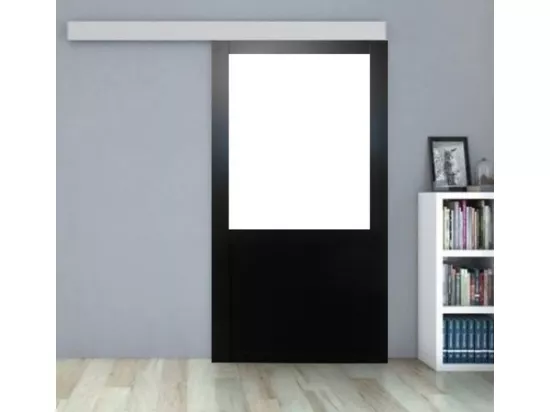 Porte Coulissante Atelier Noir H204 X L93 Sans Meneau + Rail Alu Bandeau Blanc Et 2 Coquilles Gd Menuiseries