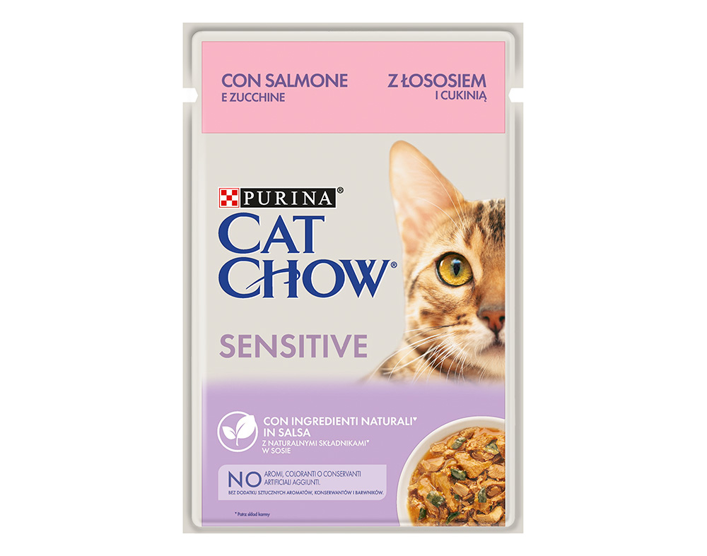 COMIDA HÚMIDA PARA GATO CAT CHOW SENSITIVE COM SALMÃO E COURGETE 85G