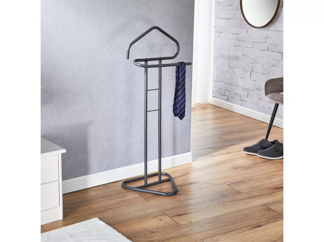 Valet de chambre valet de nuit CAMILO chevalet de nuit avec cintre pour veste et portant pour pantalons, en métal laqué gris