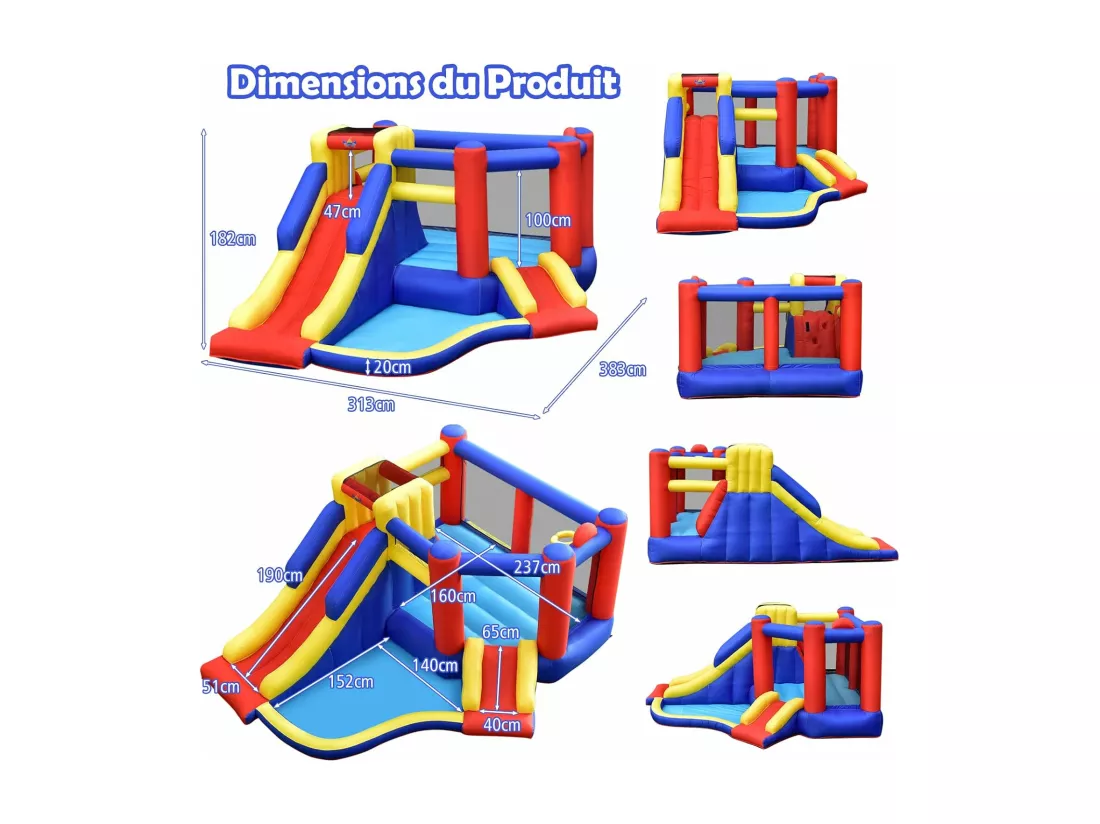 Château Gonflable avec Long Toboggan,Trampoline,Piscine à Balles,Mur d'Escalade,Panier de Basket Sac Transport avec Gonfleur 450W
