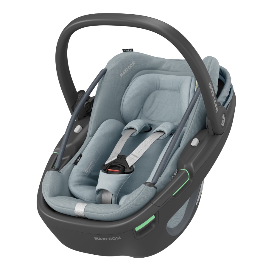 Coral 360 0 - 12 M  40 - 75 cm   0 - 12 kg    Intuitive FlexiSpin-Drehung mit nur einer Hand |    Der erste modulare Baby-Autositz |    Ultraleichtgewicht |    „Easy-in”-Gurt |