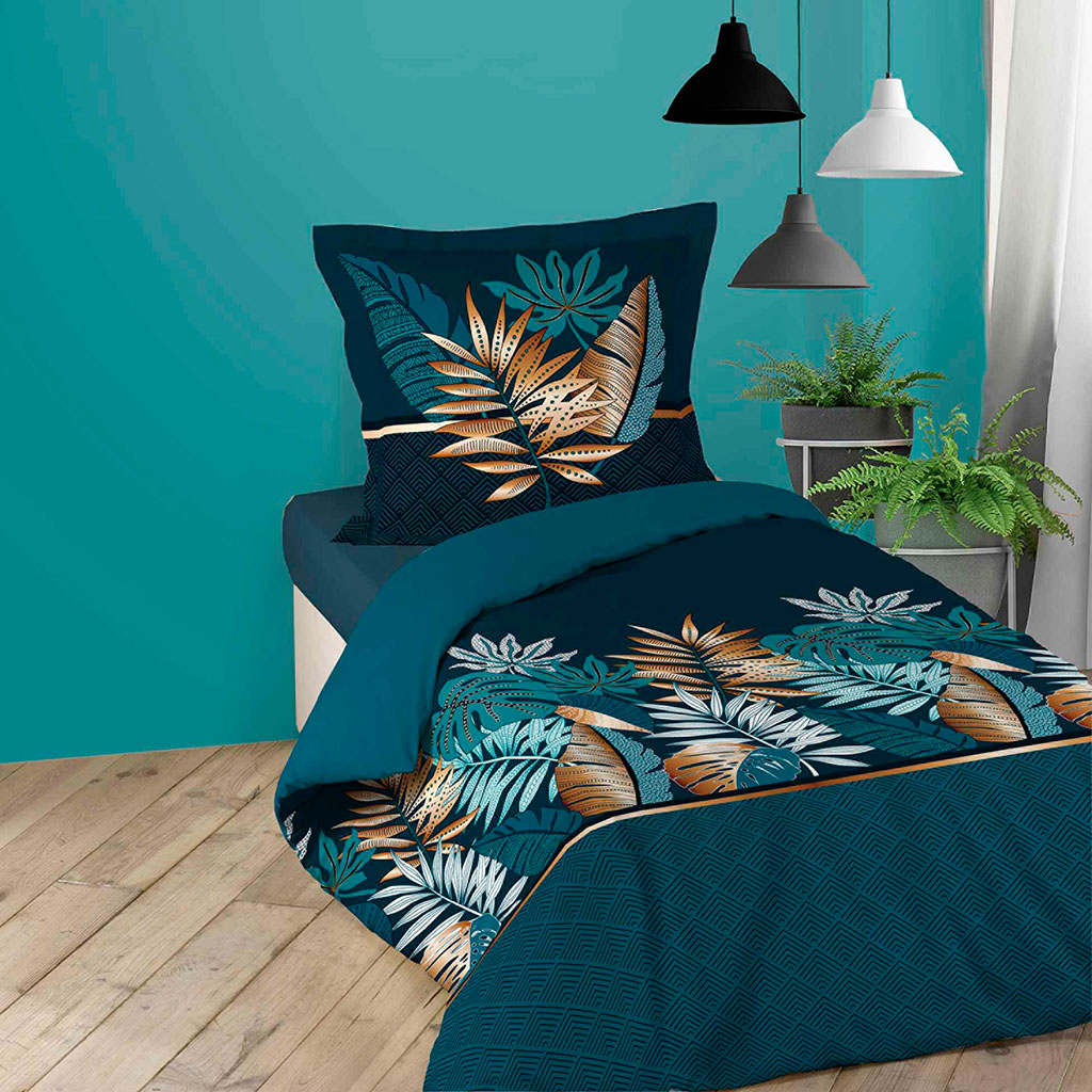 Parure de lit coton ALIANOR bleu nuit 140x200cm