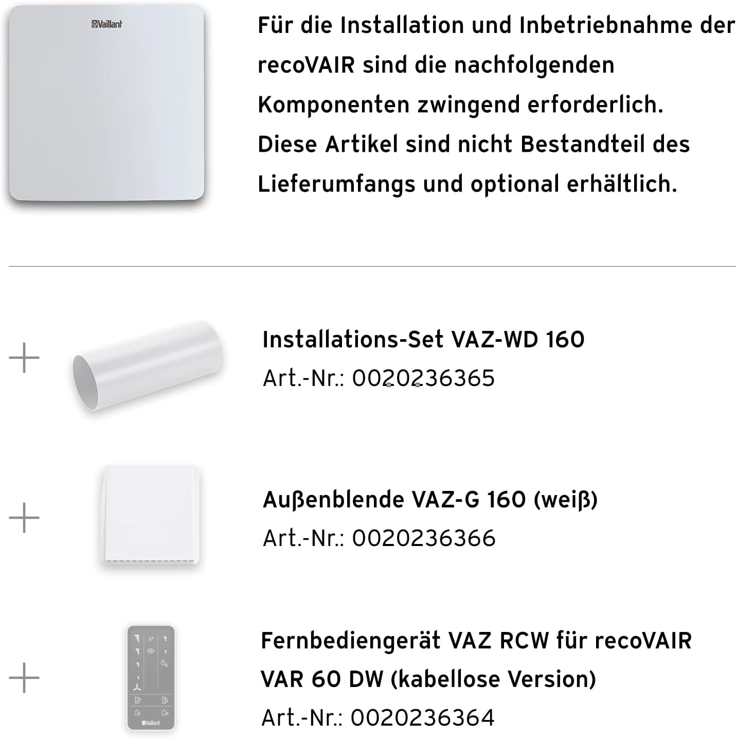 Vaillant recoVAIR VAR 60/2 DW Lüftungsanlage, dezentrales Lüftungsgerät für beste Luftqualität in Einzelräumen, kabellose Kommunikation, 0010047341