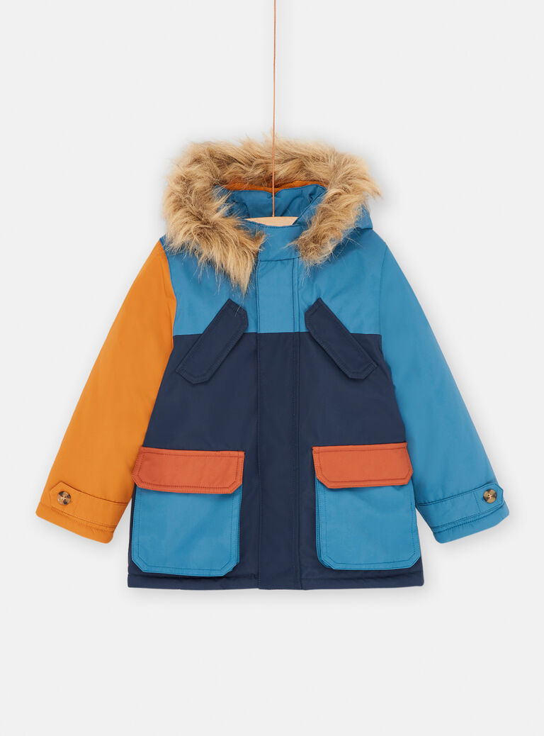 Parka à capuche orange et bleu