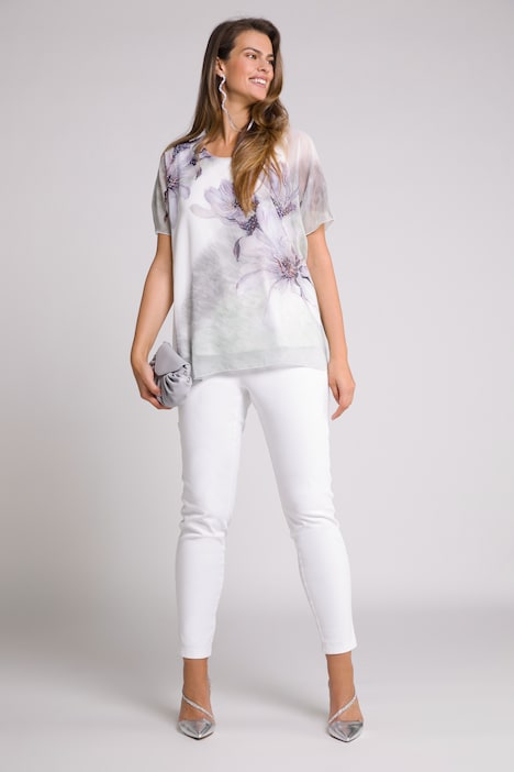 Bluse, doppellagig, Blüten, A-Linie, Rundhals, Halbarm